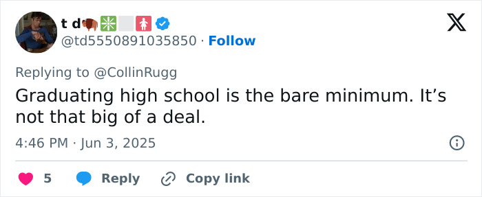 Tweet by user t d discussing high school graduation, with reference to a viral Florida high school grad stage mishap.