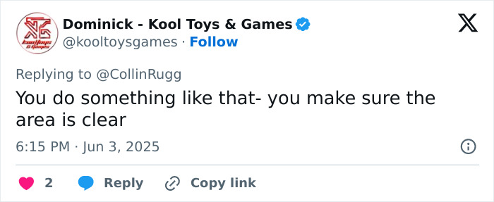 Tweet from Dominick of Kool Toys & Games advising to ensure the area is clear, related to Florida high school grad stage mishap.