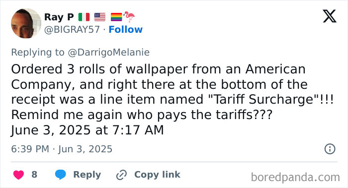Tweet showing a consumer highlighting unexpected tariff surcharge costs impacting American wallets.