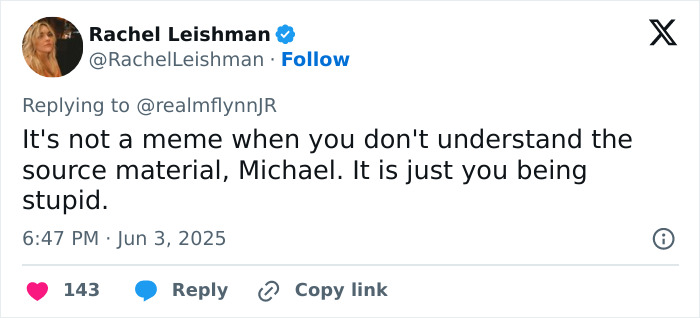 Tweet from Rachel Leishman replying to Michael Flynn's son, criticizing misunderstanding of source material in an anti-pride Parks and Rec post. Tweet from Rachel Leishman replying to Michael Flynn's son, criticizing misunderstanding of source material in an anti-pride Parks and Rec post.