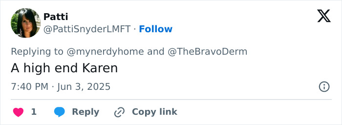 Tweet from user Patti Snyder labeled a person as a high end Karen referencing entitled Blake Lively rude behavior during shopping trip backlash.