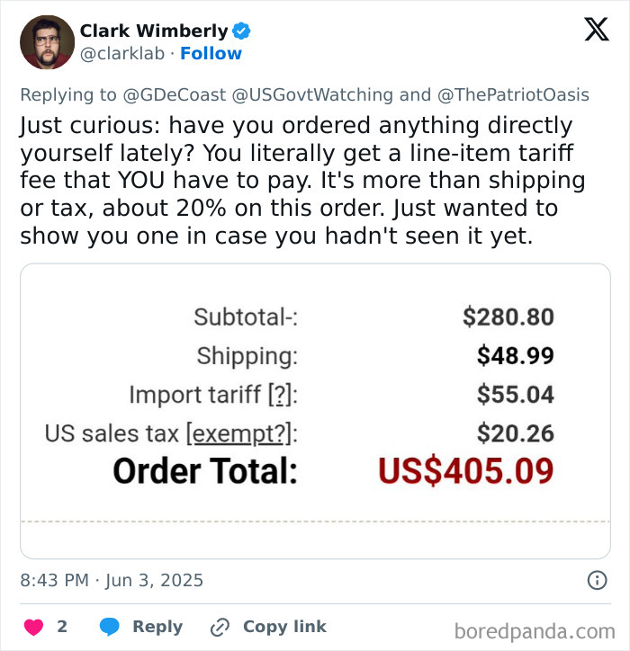Twitter post showing a detailed order receipt highlighting tariff costs impacting Americans’ wallets with import fees listed.