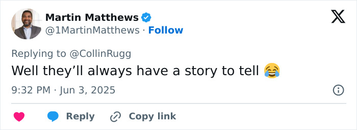Tweet from Martin Matthews replying to a viral post about a Florida high school grad crashing into classmate on stage mishap.