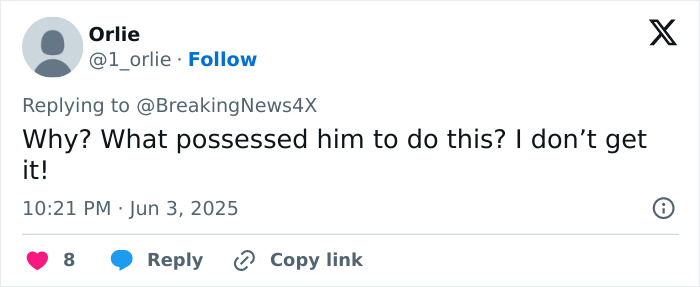 Twitter user Orlie reacting with shock to news about three sisters horrifically suffocated by their dad in the woods.
