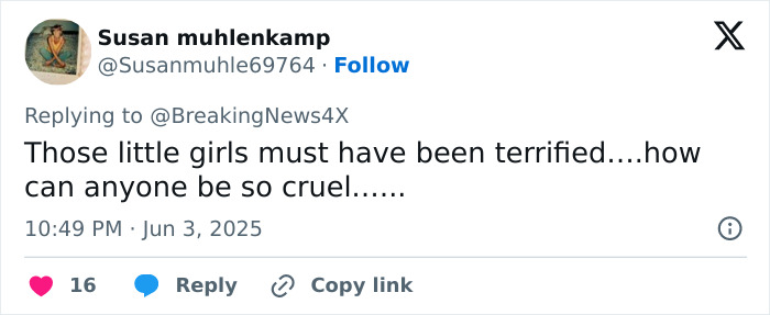 Tweet expressing horror and sorrow over three sisters being suffocated by their dad in the woods, with the mom breaking silence.