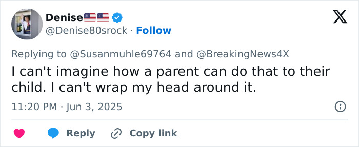 Tweet expressing disbelief about a parent suffocating three sisters in the woods, with the mom breaking silence.