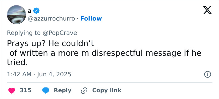 Screenshot of a Twitter reply criticizing Chris Pratt&rsquo;s callous tribute to Parks and Rec co-star&rsquo;s passing.