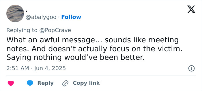 Tweet criticizing Chris Pratt's callous tribute to Parks and Rec co-star, sparking heated reactions online.