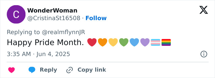 Tweet reply to Michael Flynn's son saying Happy Pride Month with multiple pride flag emojis and a purple profile icon. Tweet reply to Michael Flynn's son saying Happy Pride Month with multiple pride flag emojis and a purple profile icon.