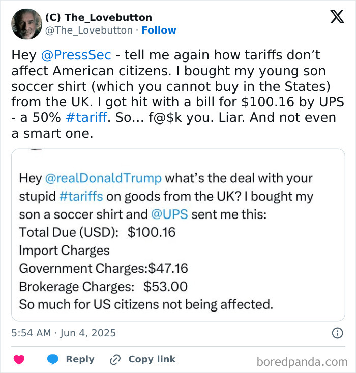 Tweet showing a user complaining about shocking tariff costs and high import charges hitting American wallets.