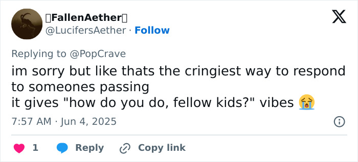 Screenshot of a Twitter reply criticizing Chris Pratt&rsquo;s callous tribute to Parks and Rec co-star&rsquo;s passing.