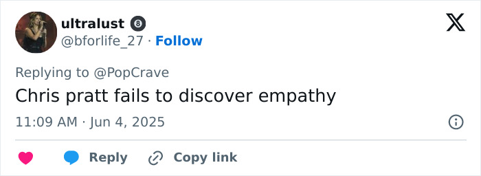 Screenshot of a tweet criticizing Chris Pratt for a callous tribute related to Parks and Rec co-star&rsquo;s passing.