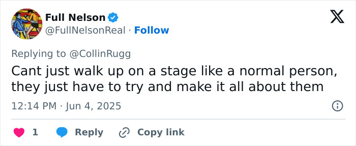 Tweet by Full Nelson criticizing a stage incident, mentioning a viral Florida high school grad crash during a stage mishap.