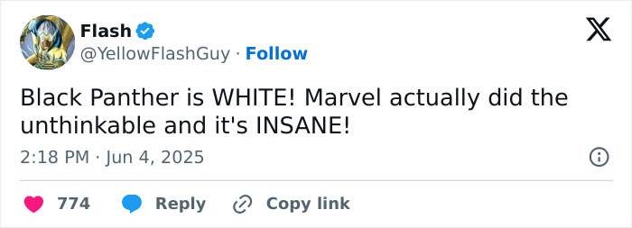 Tweet showing user Flash expressing outrage after Marvel reveals the new Black Panther is white, sparking massive controversy.