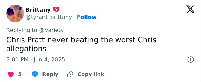 Tweet criticizing Chris Pratt over allegations, sparking heated reactions after tribute to Parks and Rec co-star's passing.