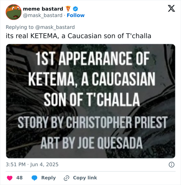 Tweet discussing the first appearance of Ketema, a Caucasian son of T'Challa, sparking Marvel Black Panther outrage.