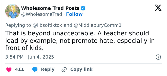 Social media reaction to teacher resigning over controversial vile woman t-shirt worn during White House trip.