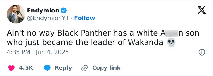 Screenshot of a tweet expressing outrage over the new Black Panther character revealed as white.