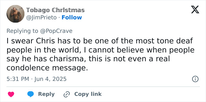 Tweet criticizing Chris Pratt for a callous tribute to Parks and Rec co-star's passing, sparking heated reactions online.