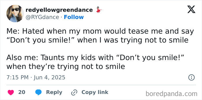 Tweet about parenting humor showing a mom teasing her kids with the phrase about not smiling, highlighting funny parenting moments.