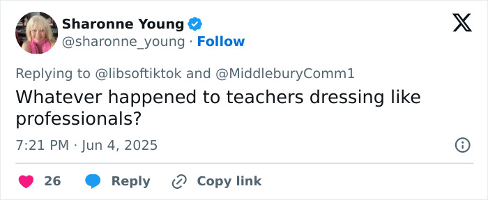 Screenshot of a tweet questioning teachers dressing professionally amid vile woman teacher resignation controversy.