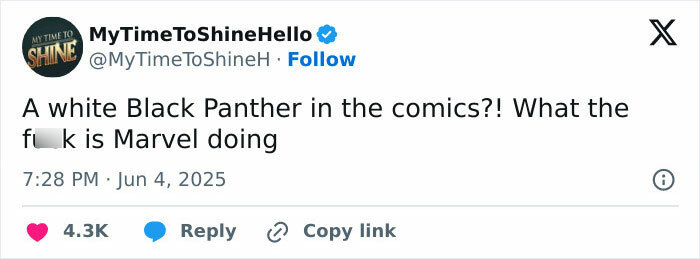 Tweet expressing outrage over the new white Black Panther character revealed by Marvel in the comics.