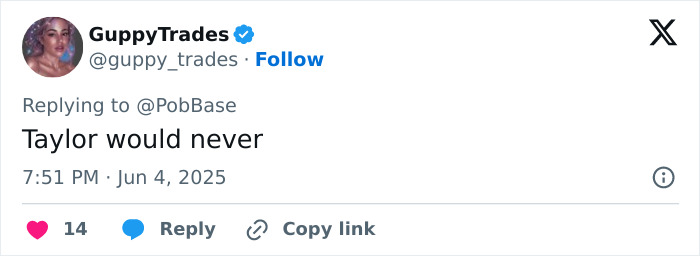 User tweet reacting to Taylor Swift as Dorothy in new Wicked movie, expressing doubt about her role with 14 likes.