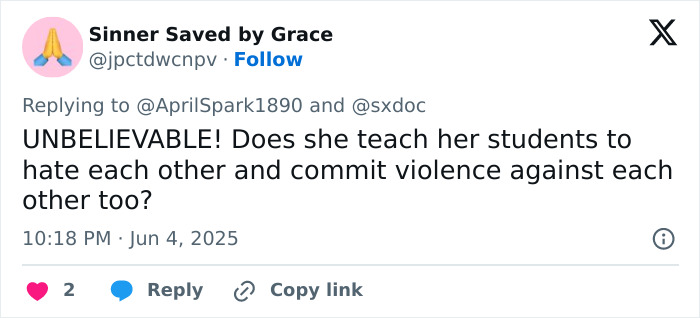 Tweet screenshot showing a user questioning if the teacher teaches students to hate and commit violence, related to vile woman incident.