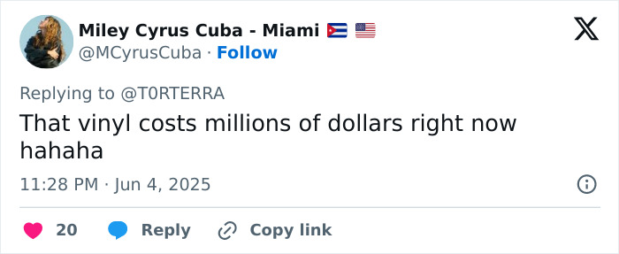 Screenshot of a social media comment with Miley Cyrus taking a jab at ex-husband Liam Hemsworth, sparking heated reactions. Screenshot of a social media comment with Miley Cyrus taking a jab at ex-husband Liam Hemsworth, sparking heated reactions.