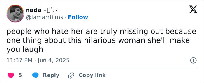 Screenshot of a tweet praising Miley Cyrus's humor after her jab at ex-husband Liam Hemsworth sparks reactions. Screenshot of a tweet praising Miley Cyrus's humor after her jab at ex-husband Liam Hemsworth sparks reactions.