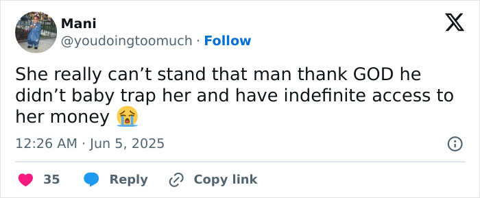 Tweet expressing strong opinion about Miley Cyrus taking a jab at ex-husband Liam Hemsworth, sparking heated reactions. Tweet expressing strong opinion about Miley Cyrus taking a jab at ex-husband Liam Hemsworth, sparking heated reactions.