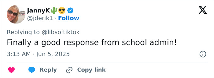 Tweet praising school administration response after teacher resigns over vile woman T-shirt controversy during class trip.