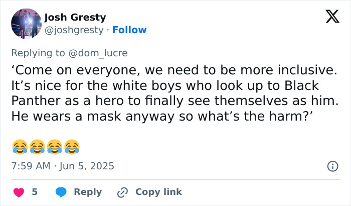 Tweet discussing inclusivity and reactions to the new White Black Panther character in Marvel, sparking massive outrage.