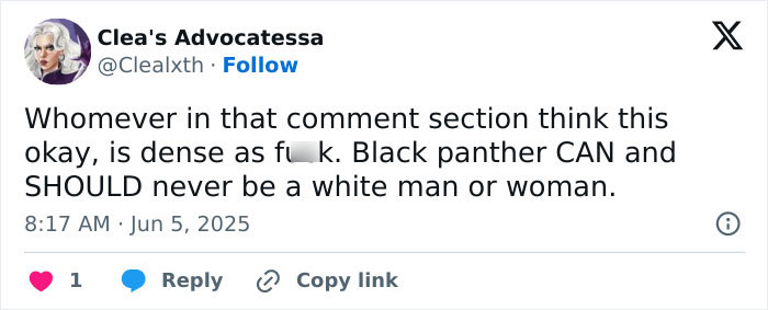 Screenshot of a tweet expressing outrage about Marvel&rsquo;s new Black Panther being portrayed as a white character.