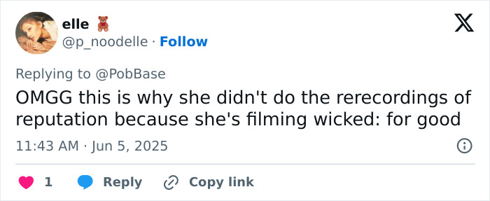 Screenshot of a tweet discussing Taylor Swift filming Wicked and fans reacting to her role as Dorothy in the new movie.