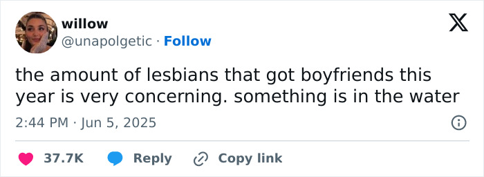 Tweet by a user expressing concern about the number of lesbians who have gotten boyfriends this year as a concerning trend.