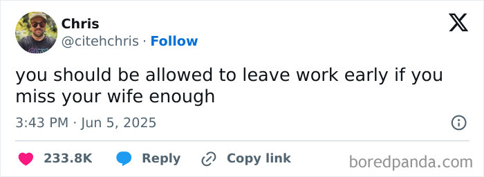 Screenshot of a funny tweet about leaving work early, one of the best tweets that c*****d people up this June.