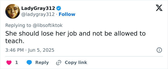 Social media comment calling for teacher resignation over vile woman controversial t-shirt worn during White House trip.