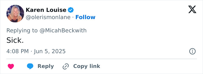 Screenshot of a Twitter reply by Karen Louise commenting "Sick" on the teacher resignation over vile woman t-shirt controversy.