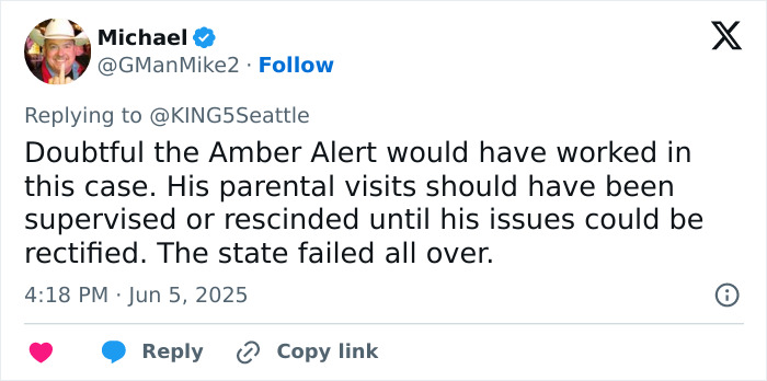 Tweet discussing parental visits and state failures in a case involving three sisters suffocated by their dad in the woods.
