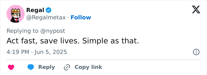 User Regal sharing a tweet urging urgency with the message act fast save lives related to a tragic family event.