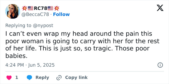 Tweet expressing grief over the tragic suffocation of three sisters by their dad in the woods and the mother's pain.