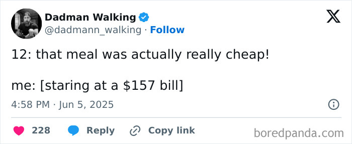 Screenshot of a humorous parenting post on X about a $157 bill and cheap meal, highlighting funny parenting moments.