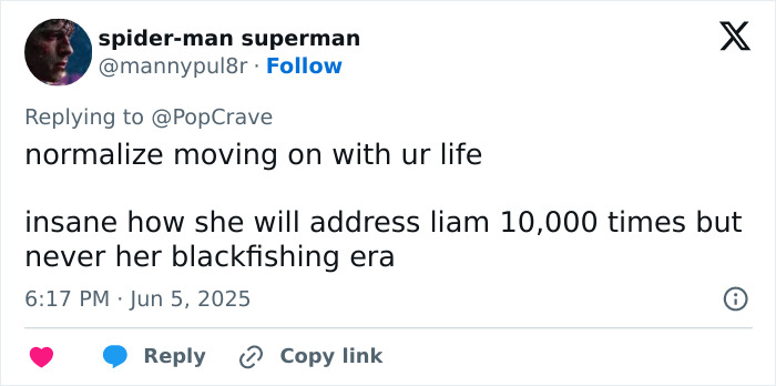 Twitter user commenting on Miley Cyrus taking a jab at ex-husband Liam Hemsworth sparking heated reactions. Twitter user commenting on Miley Cyrus taking a jab at ex-husband Liam Hemsworth sparking heated reactions.