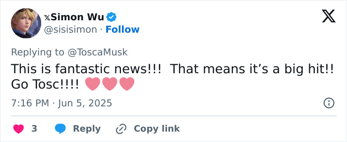 Screenshot of a tweet celebrating Tosca Musk&rsquo;s steamy romance service gaining popularity amid Elon Musk&rsquo;s feud with the president.