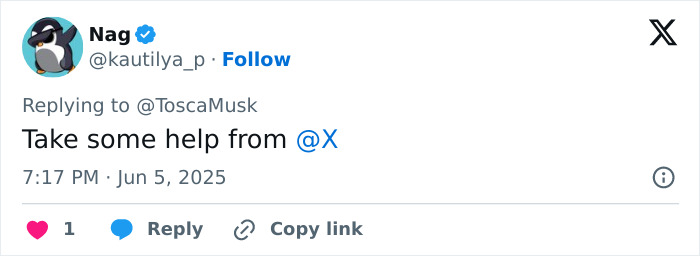 Tweet from user Nag replying to Tosca Musk, mentioning help from X, related to Elon Musk&rsquo;s feud and sister&rsquo;s romance service.