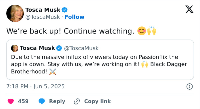 Screenshot of Tosca Musk&rsquo;s tweet about Passionflix app outage due to high traffic from Elon Musk feud fueling romance service interest.