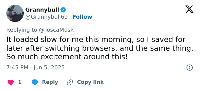 Tweet reply on social media showing excitement about Elon Musk&rsquo;s feud fueling interest in his sister&rsquo;s romance service.
