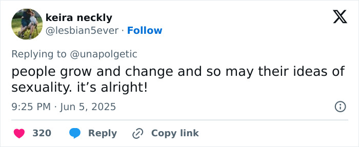 Tweet from user keira neckly discussing changes in ideas of sexuality amid famous lesbians getting boyfriends trend in 2025.