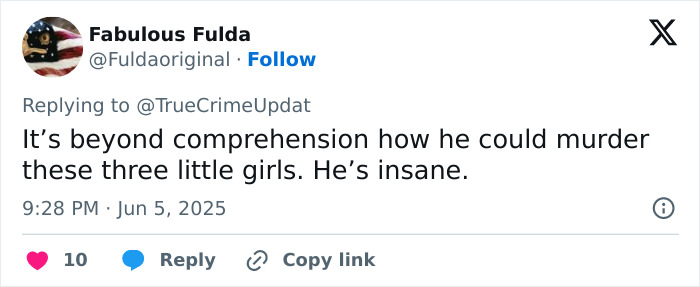 Screenshot of a Twitter user expressing shock over the dad who suffocated three daughters in a tragic case.